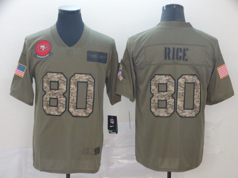 Men San Francisco 49ers #80 Rice Nike 2019 Olive Camo Salute to Service Limited NFL Jerseys